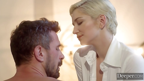 Blonde girl swallows a big load